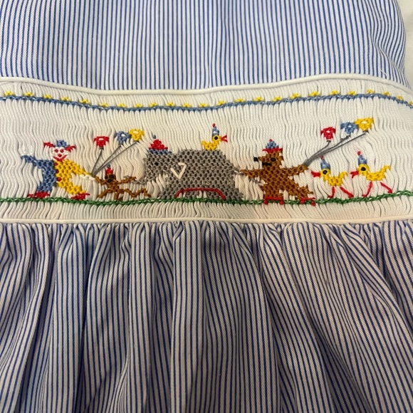 Vive La Fete Striped girls Dress with Embroidered smocked animal birthday circus - Picture 6 of 8